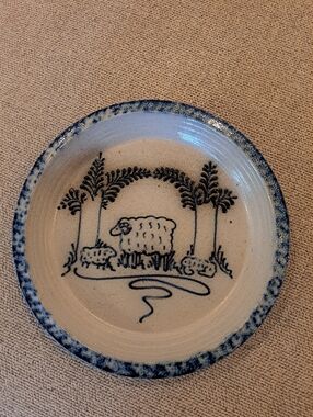 Vtg Eldreth Salt Glazed Pottery Lamb Sheep Pie Plate Bakeware Signed 1989